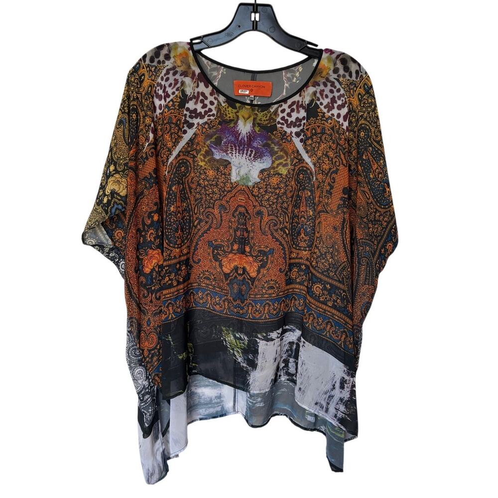 Clover Canyon Semi Sheer Graphic Poncho Cover Up Boho Psychedelic Festival sz XS